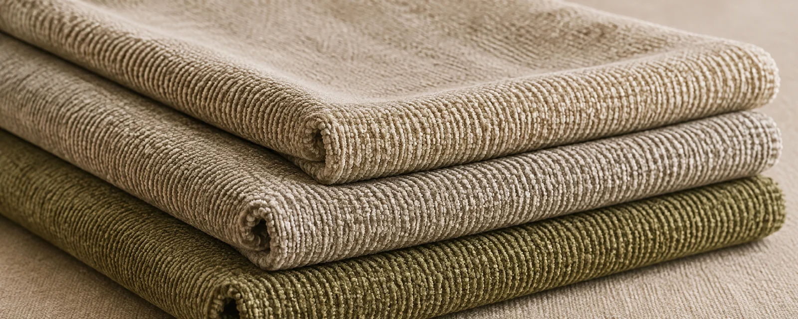 Folded chenille upholstery fabric showing its corded pile surface
