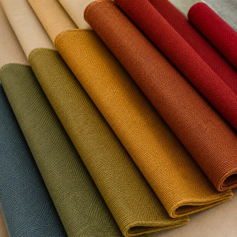 Types of upholstery fabric shown as a color range fanned out in blue, olive, gold, rust and red