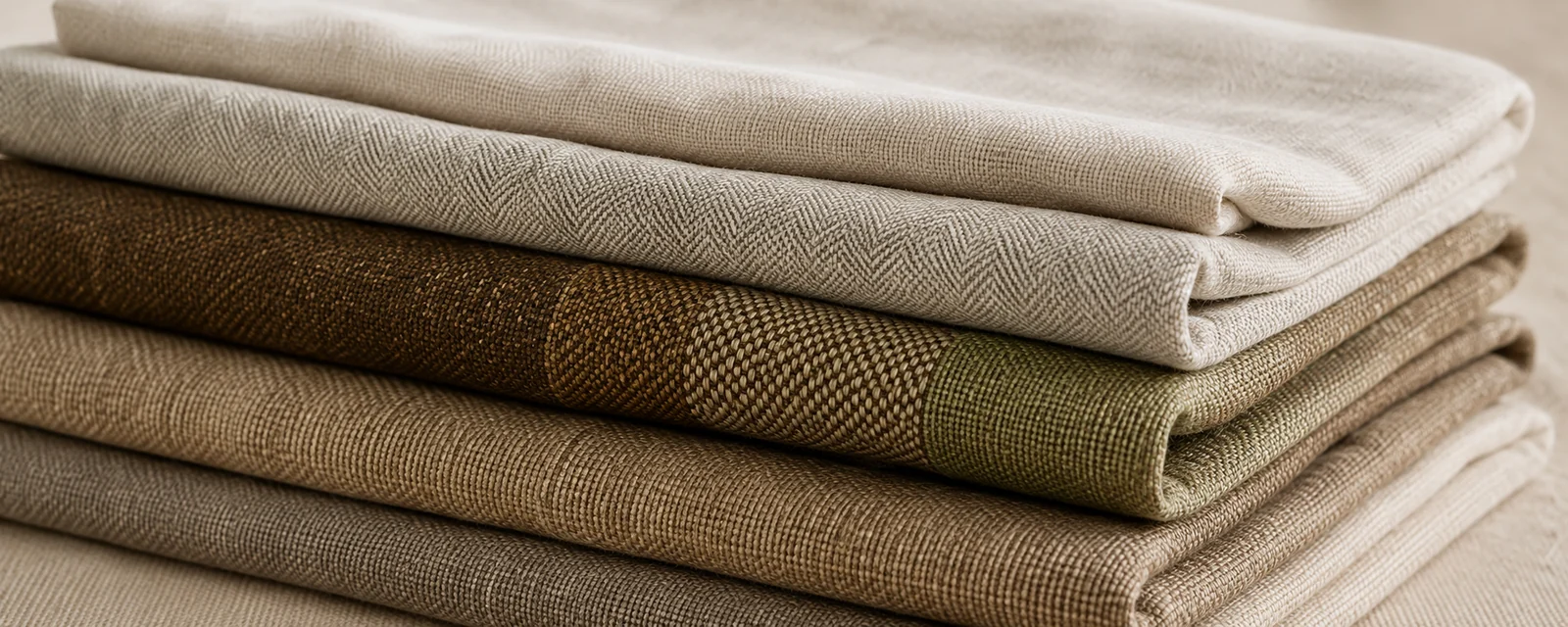 Stacked cotton blend upholstery fabrics in natural and taupe tones
