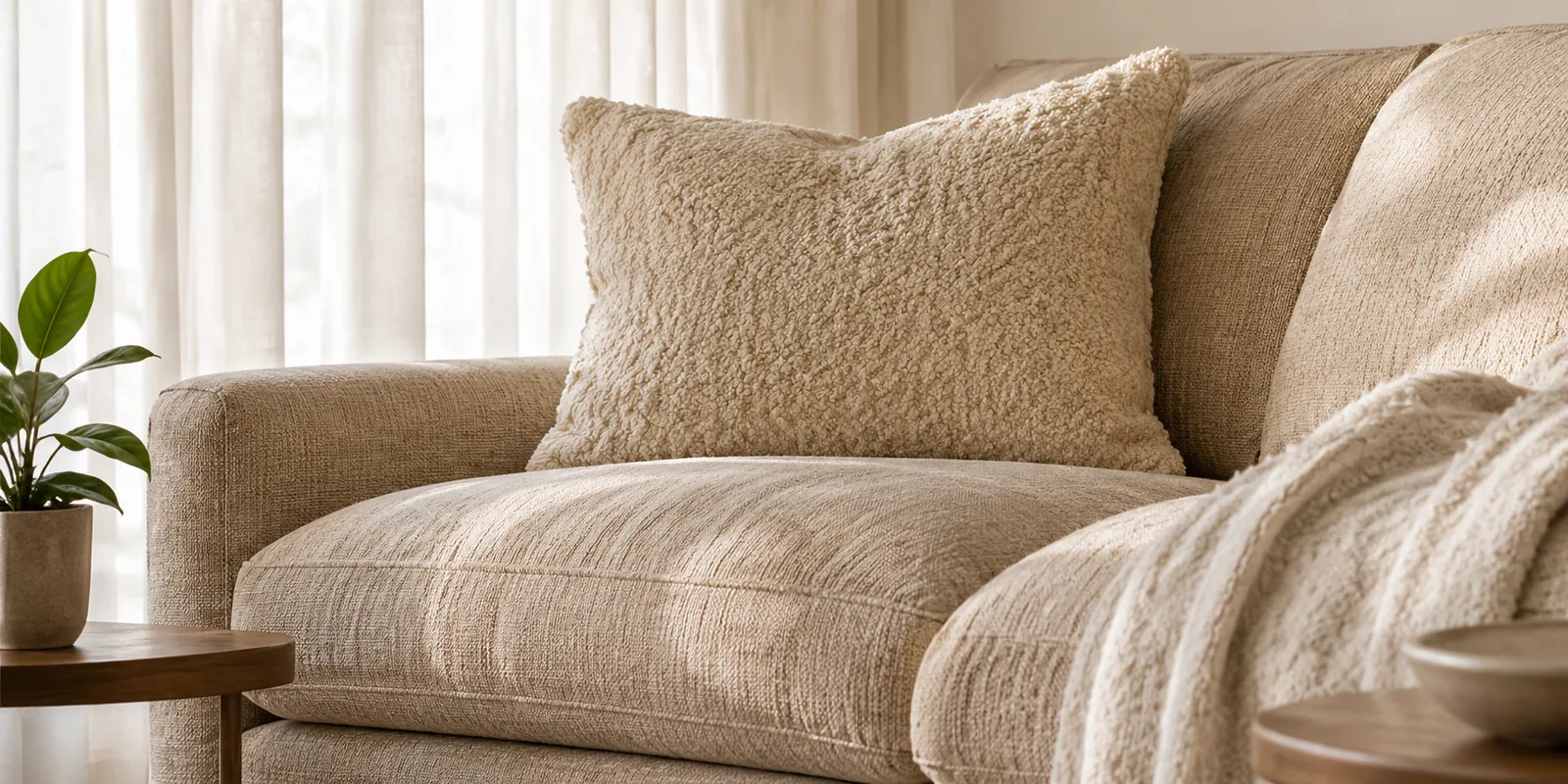 Cream cotton-covered sofa with a textured cushion beside a sunlit window