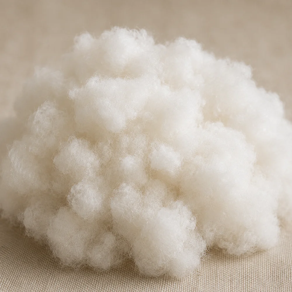 Raw white staple fiber before it is spun into upholstery yarn