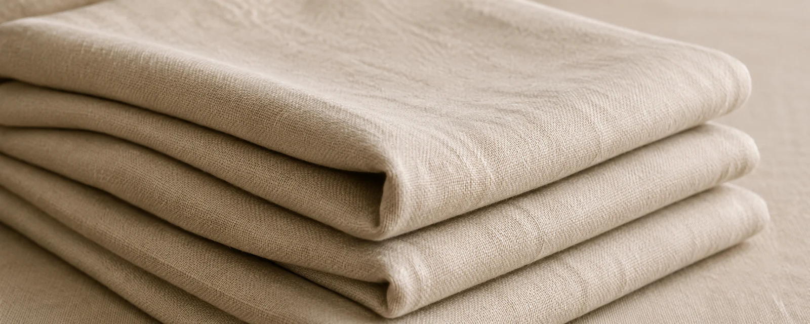 Linen, one of the main types of upholstery fabric, folded to show its relaxed slubby surface