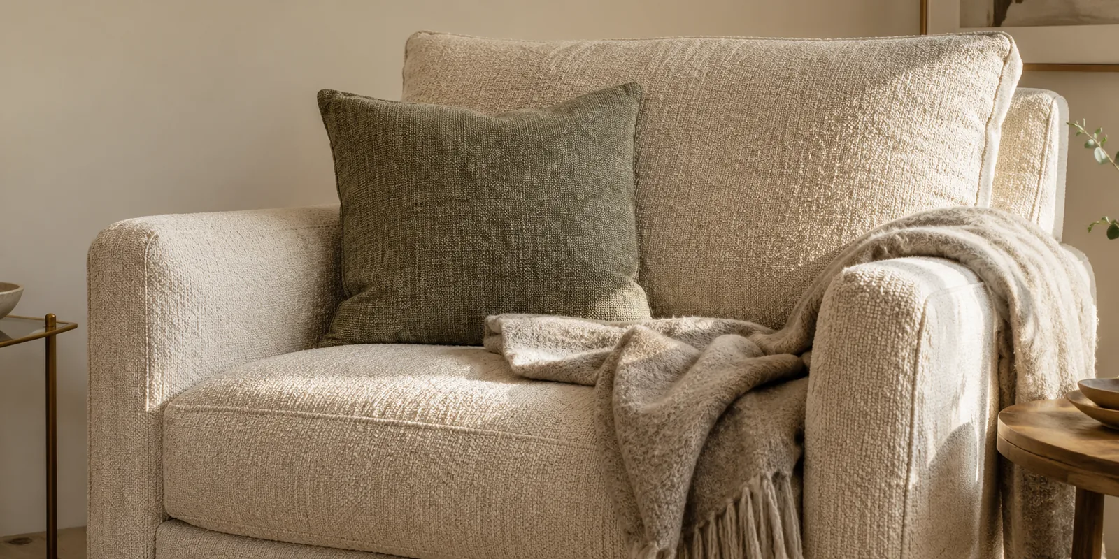 Cream linen armchair with an olive cushion and a woven throw over the arm