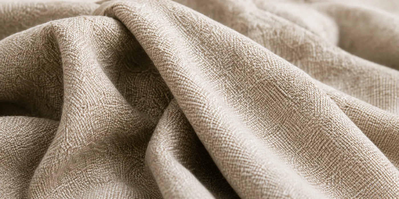 Close-up of natural linen upholstery cloth showing its irregular open weave