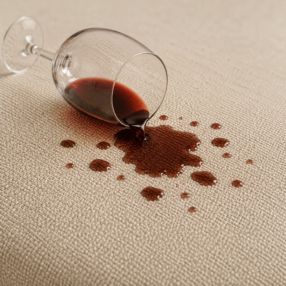 Red wine spilled from a glass onto pale woven upholstery fabric