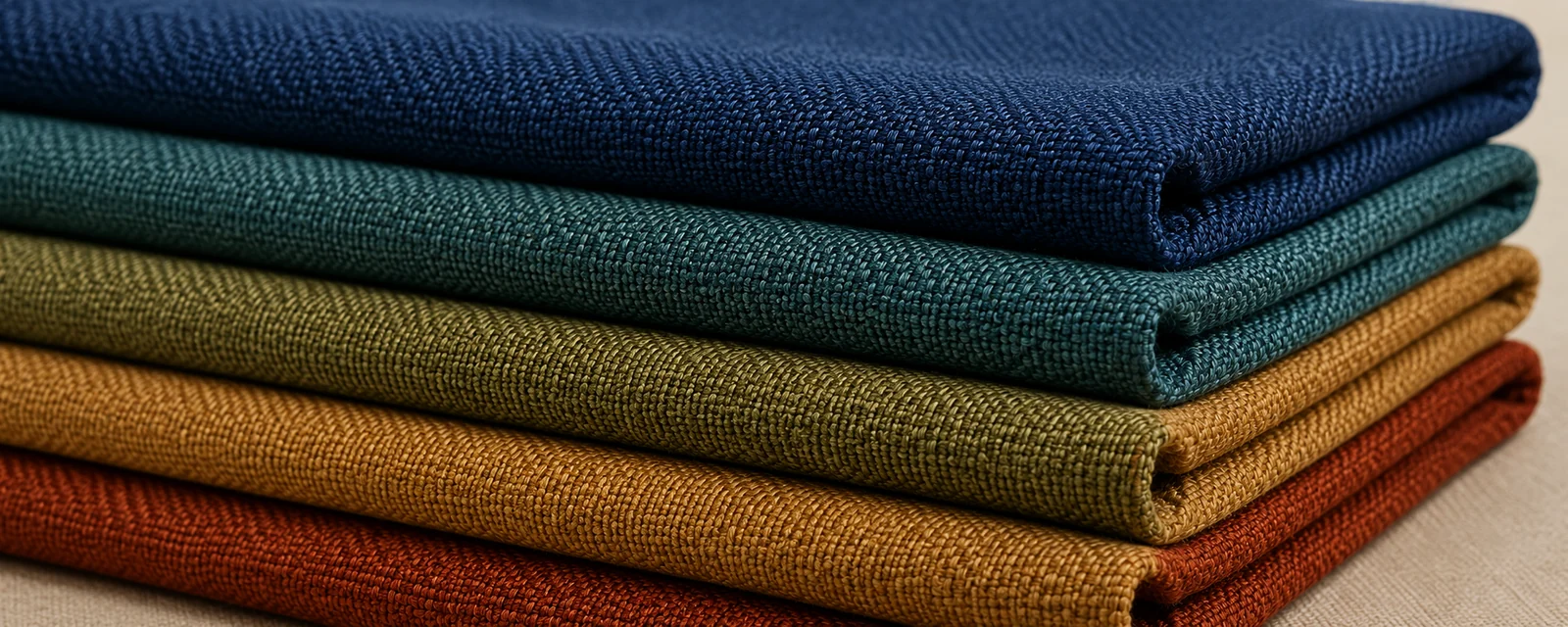 Polyester blend upholstery fabrics folded in navy, teal, olive, gold and rust