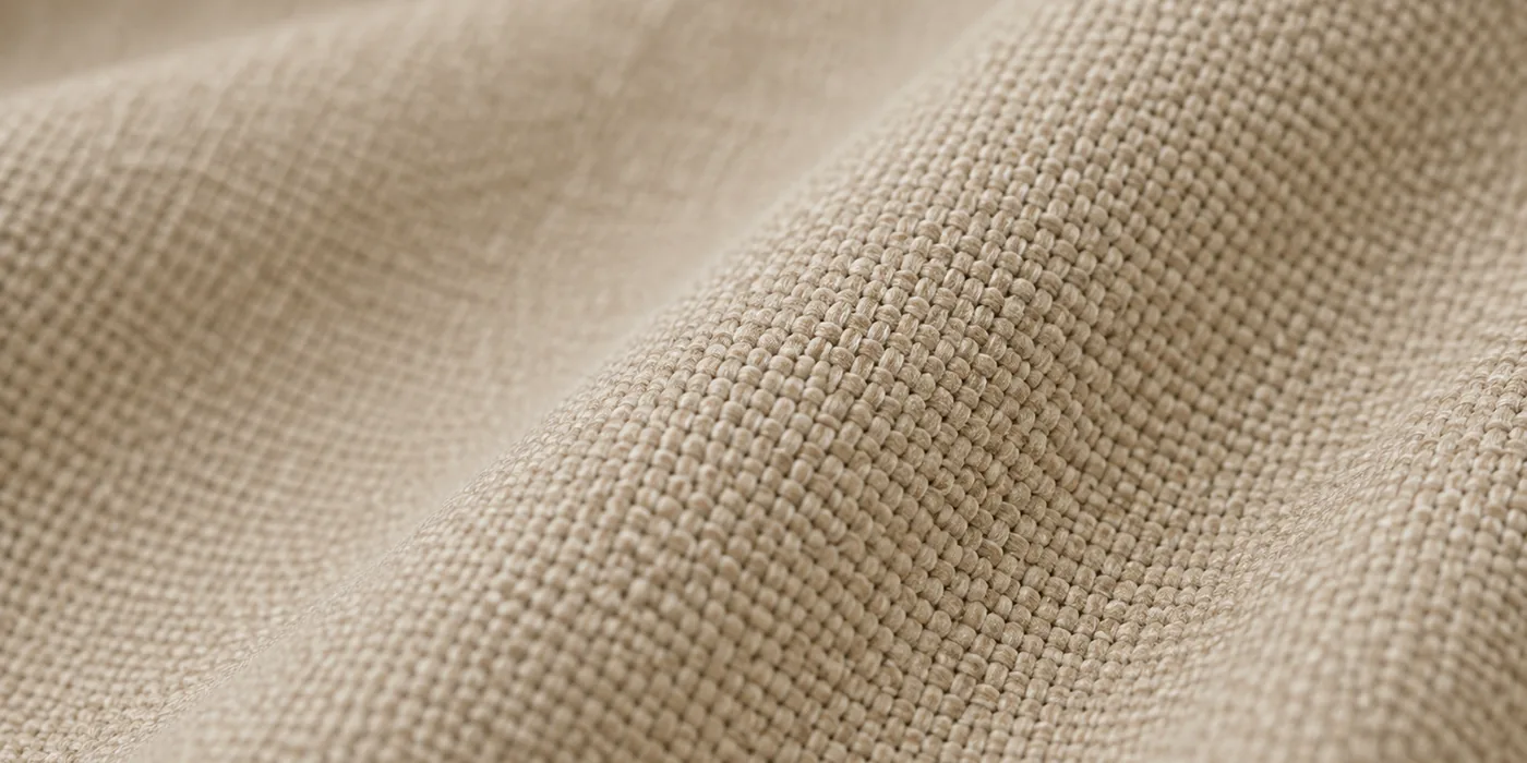 Macro view of woven cream polyester upholstery fabric showing its tight yarn structure