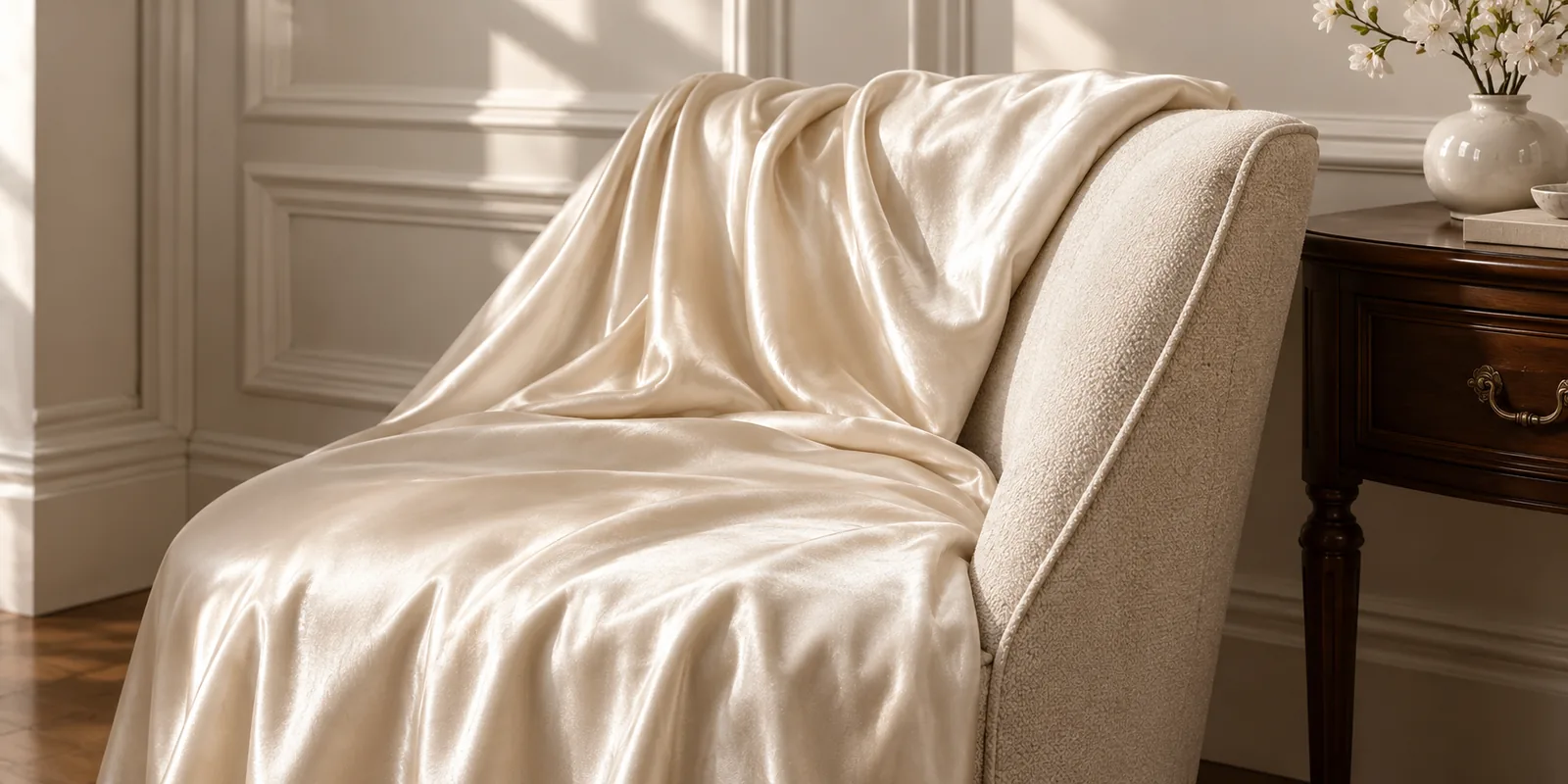 Ivory silk draped over a pale upholstered chair in a panelled room