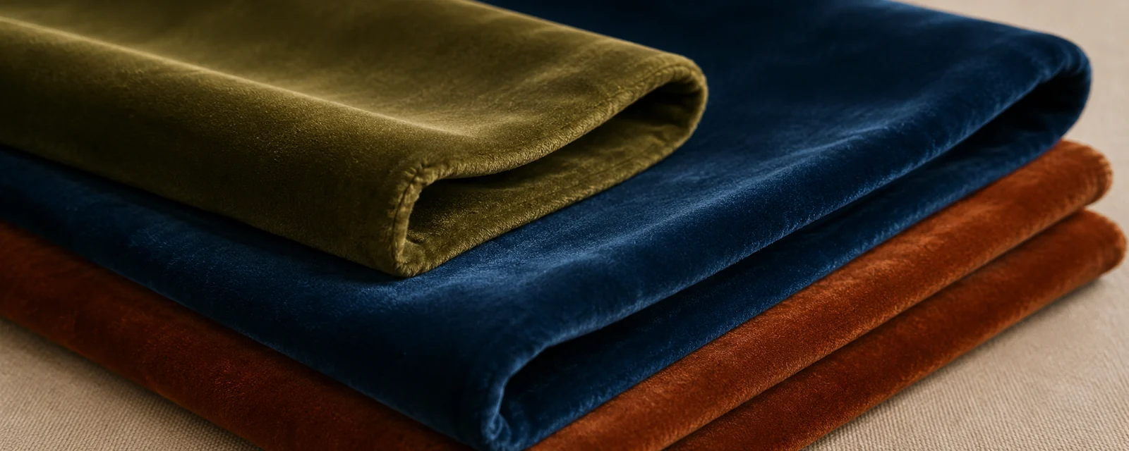 Folded lengths of upholstery velvet in olive, teal and rust