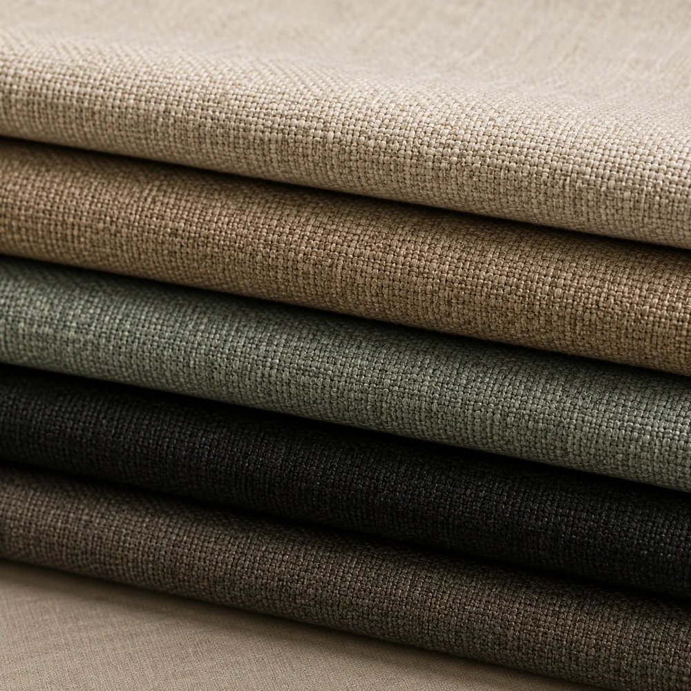 Five folded upholstery fabrics stacked to compare how each cloth is woven