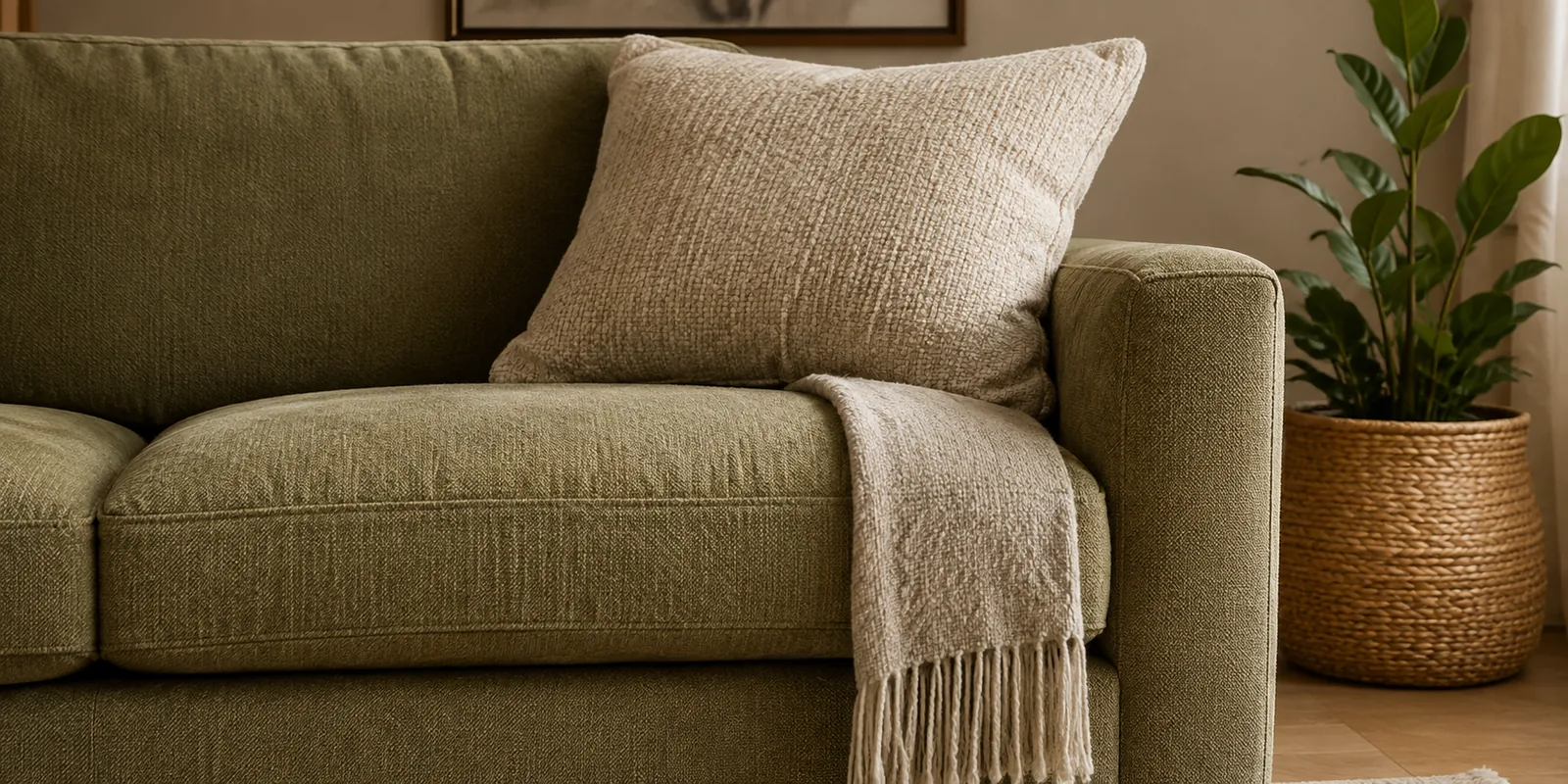 Olive wool sofa with a cushion and fringed throw in a plant-filled room