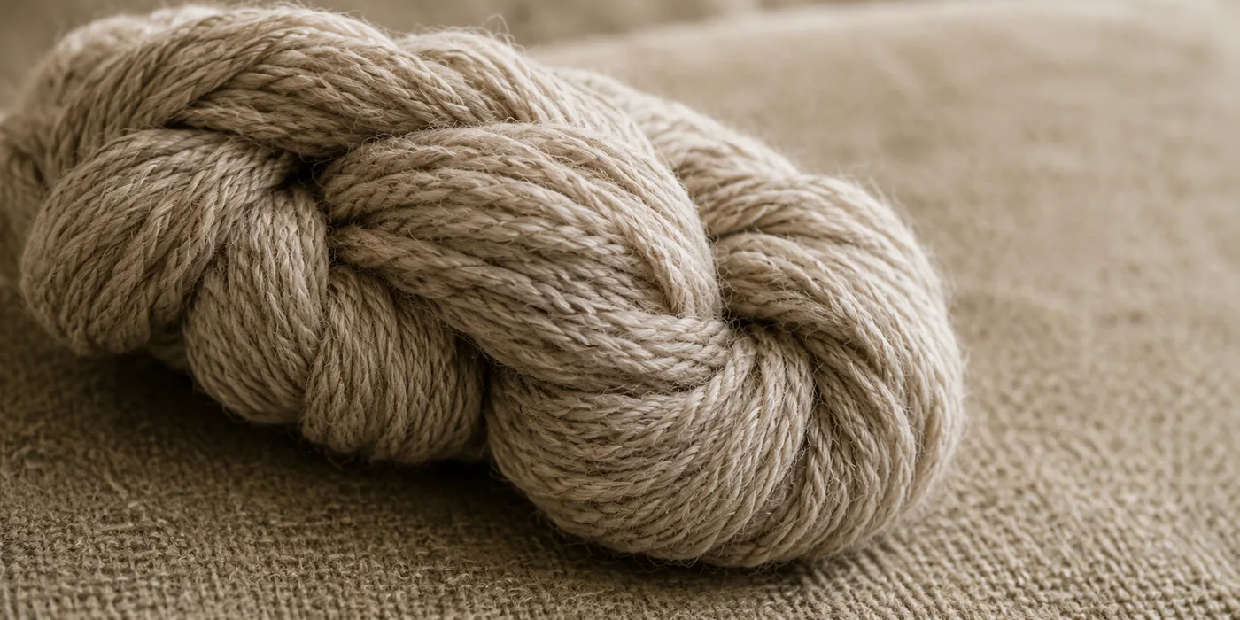 Skein of undyed wool yarn resting on a woven wool upholstery cloth