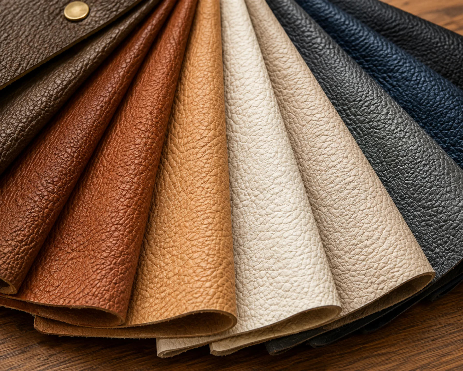 Fan of upholstery material swatches in leather, vinyl and woven fabric