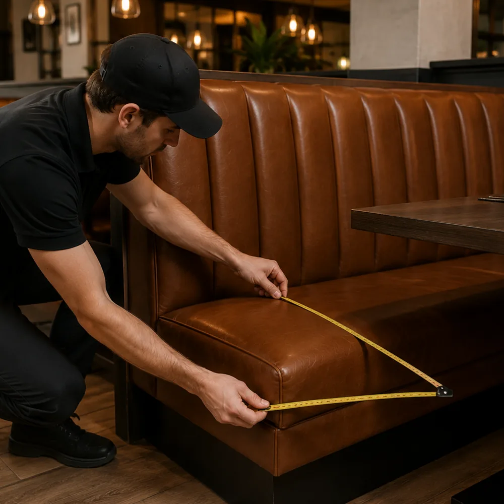 Upholsterer measuring a restaurant banquette seat with a tape on site