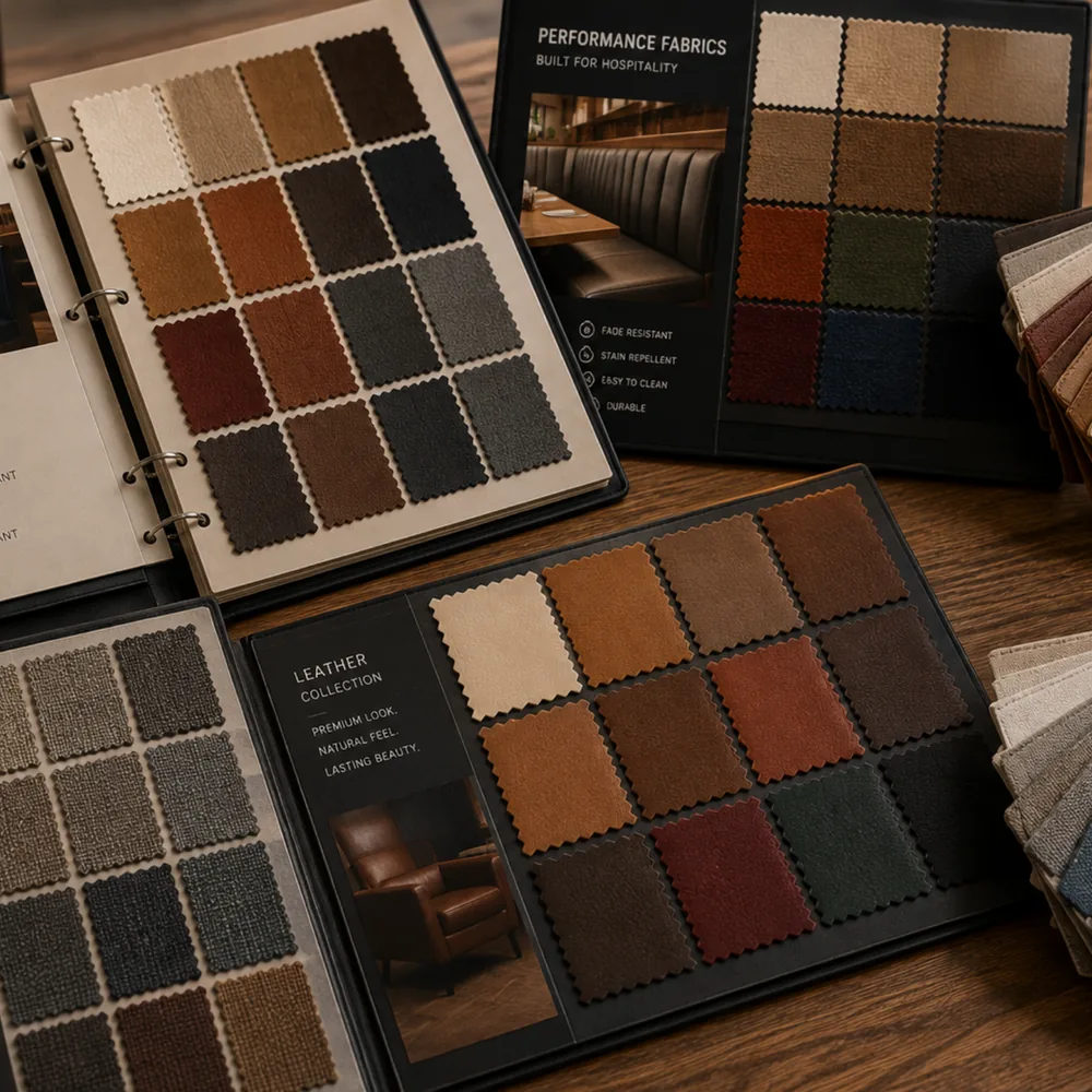 Commercial upholstery sample books of vinyl, performance fabric and leather open on a table