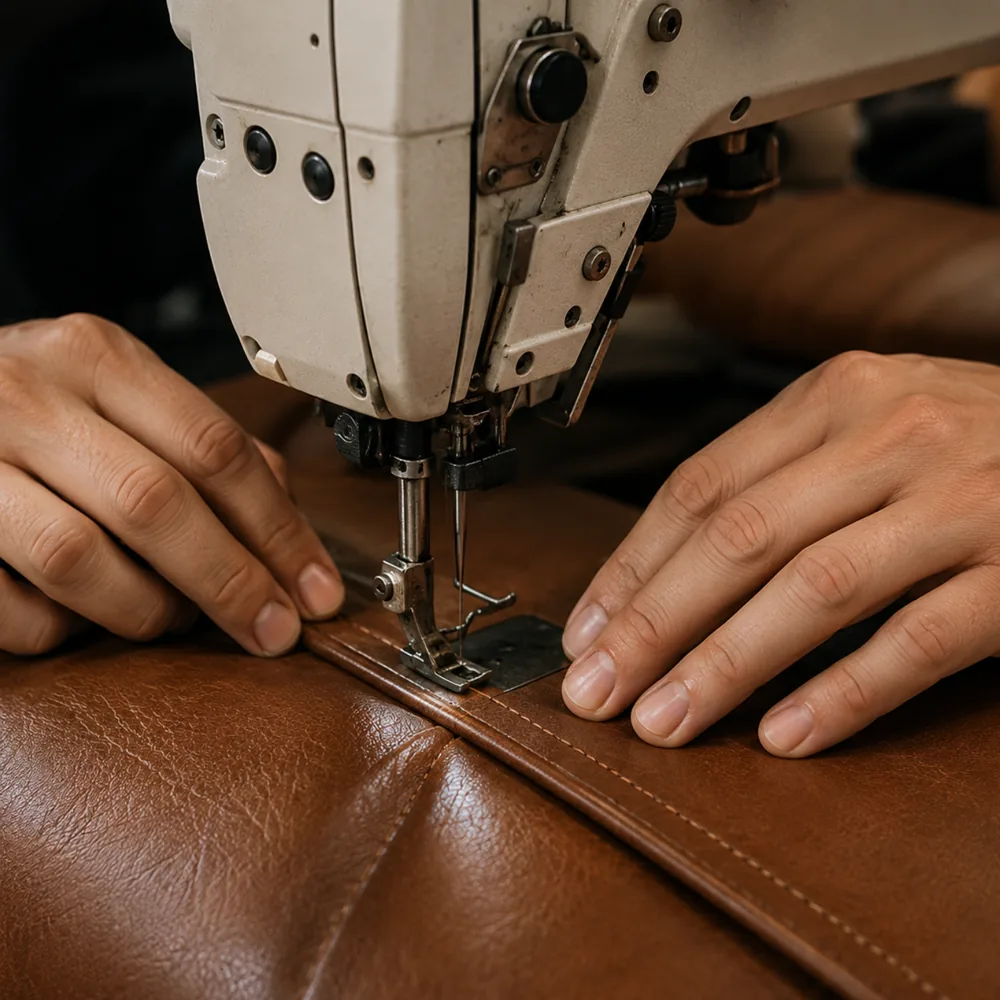 Upholsterer running a seam through an industrial walking-foot machine
