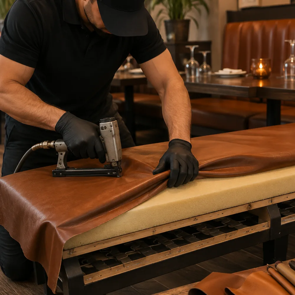 Upholsterer stapling a new leather cover over fresh foam on a banquette base in the dining room
