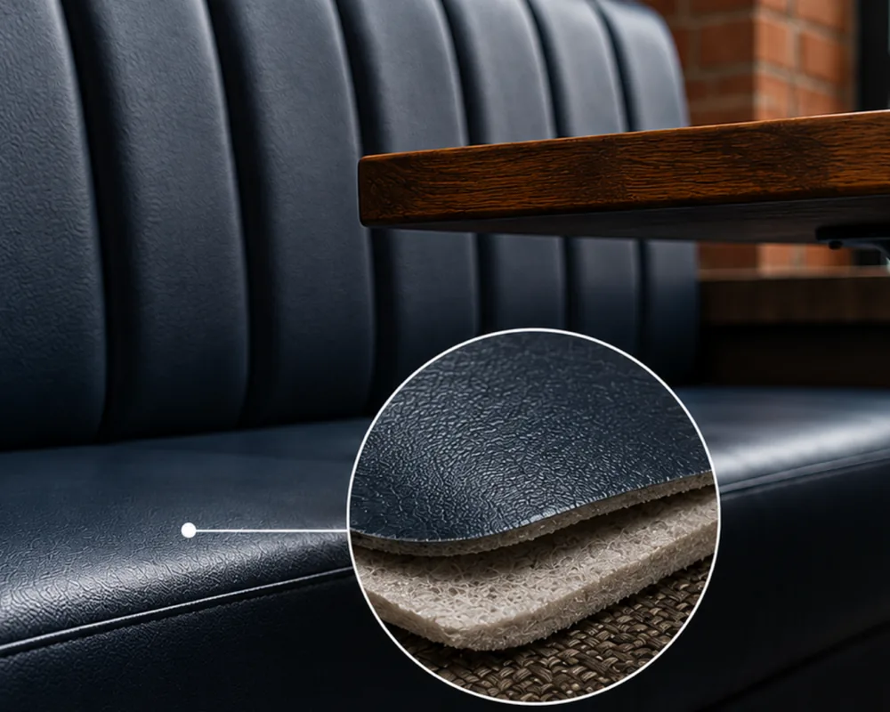 Navy vinyl banquette seat with an enlarged inset showing the same panel in section: an embossed coloured film on top, a foam layer beneath it, and a woven fabric backing underneath that