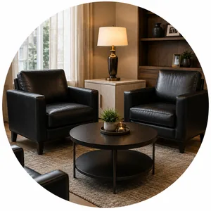 Dark vinyl armchairs around a low table in a warmly lit hotel lobby