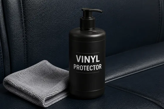 A plain black pump bottle labelled vinyl protector standing beside a folded grey cloth on a dark vinyl seat