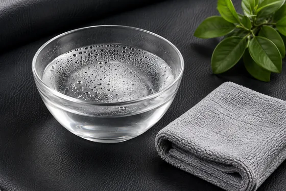 A glass bowl of warm soapy water beside a folded grey microfibre cloth on a dark vinyl seat