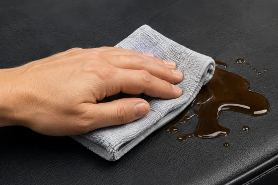 A hand wiping a dark spilled drink off a navy vinyl seat with a grey microfibre cloth
