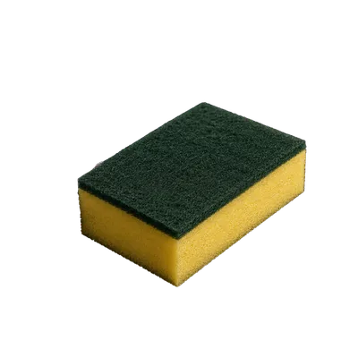 A yellow sponge backed with a coarse green abrasive scouring pad