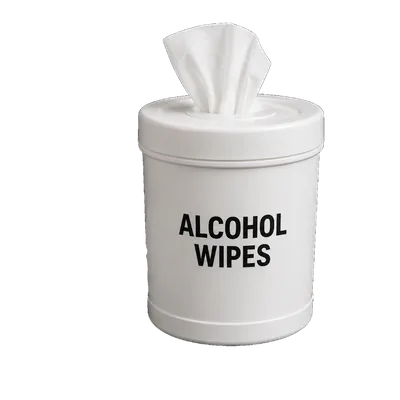 A white cylindrical tub of alcohol wipes with a wipe pulled up through the lid