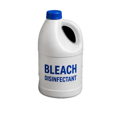 A white plastic bottle of bleach disinfectant with a blue cap