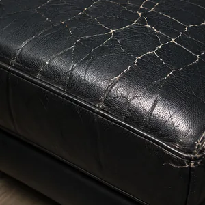 The top of a black vinyl sofa arm showing a spreading crack network with small flakes beginning to lift