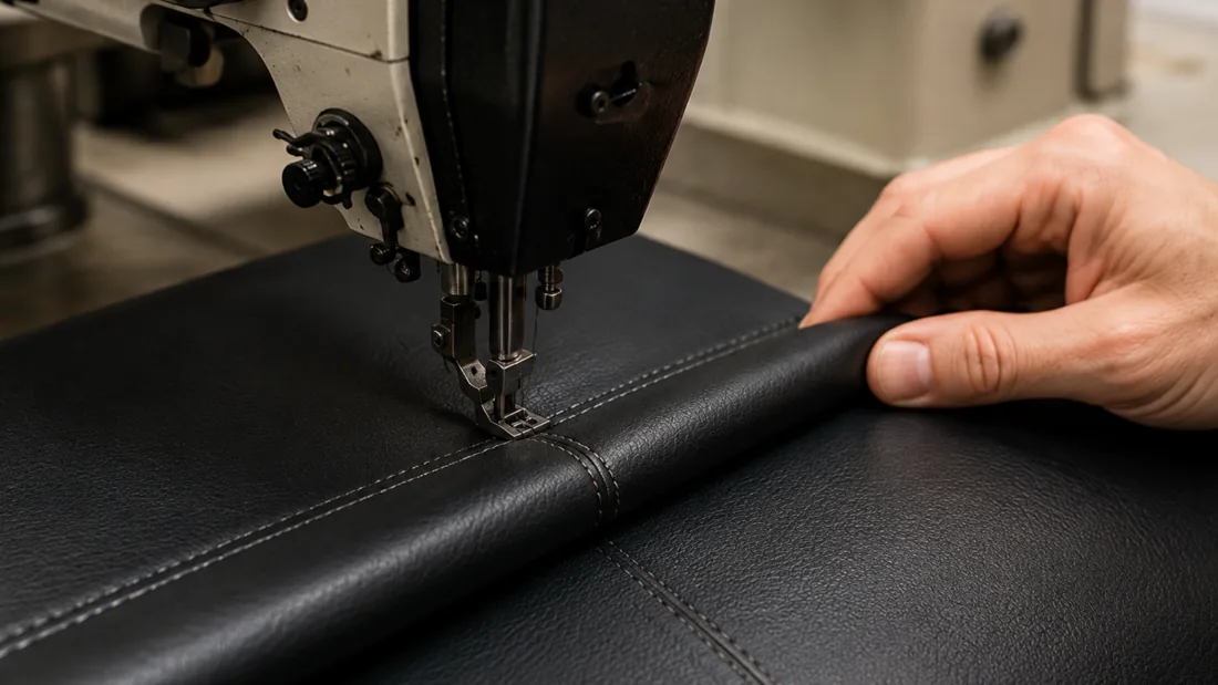 A replacement vinyl panel being run through an industrial walking-foot sewing machine, a fresh seam forming along the folded edge