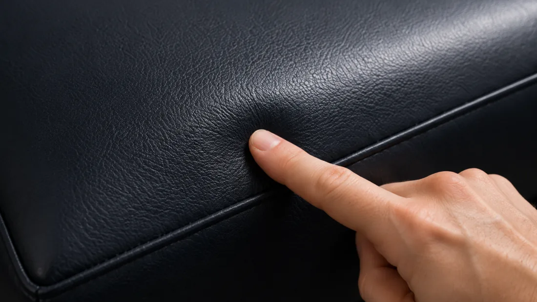 A fingertip pressing into a black vinyl seat cushion, the surface dimpling under it and the sheen staying even across the whole panel
