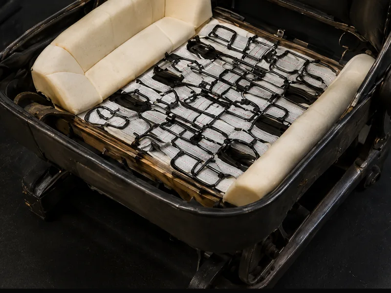 An open seat frame seen from above, a grid of black springs in a metal pan with pale foam bolsters at the edges
