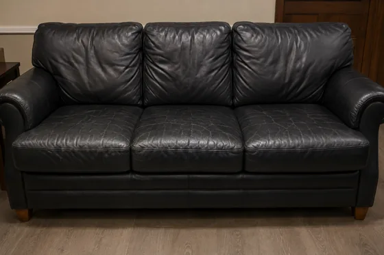 A whole black vinyl three-seat sofa photographed square on against a plain wall, the full piece in frame