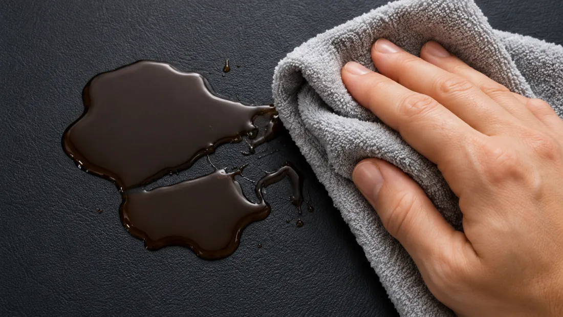 A hand wiping a pooled dark spill off black vinyl with a grey microfibre cloth, the liquid lifting cleanly and leaving no mark behind
