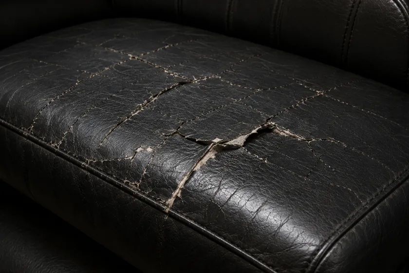 A black vinyl seat cushion with the film split open across the centre and lifting away in stiff plates, the pale fabric backing showing through the break