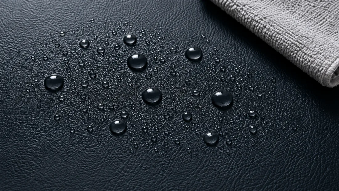 Water standing in perfect beads on a black vinyl panel with a folded microfibre cloth beside it, none of it soaking in