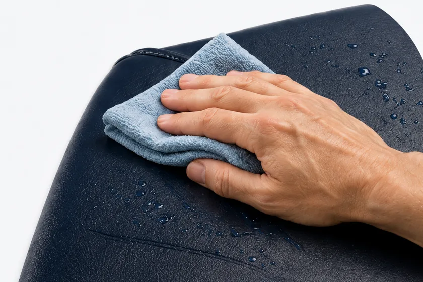 A hand wiping a navy vinyl seat with a pale blue microfibre cloth, water still beading on the surface ahead of the cloth