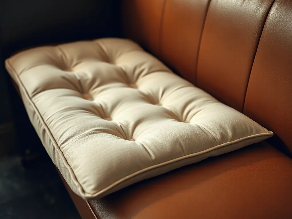 A cream seat pad resting on the deck of a tan leather sofa