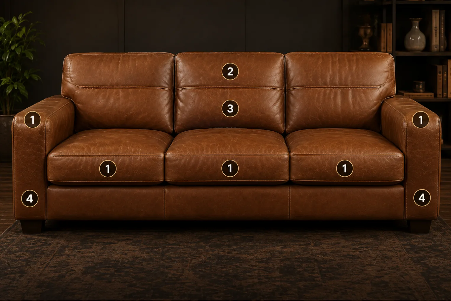 Tan leather sofa marked with numbered zones showing where the protective finish wears first