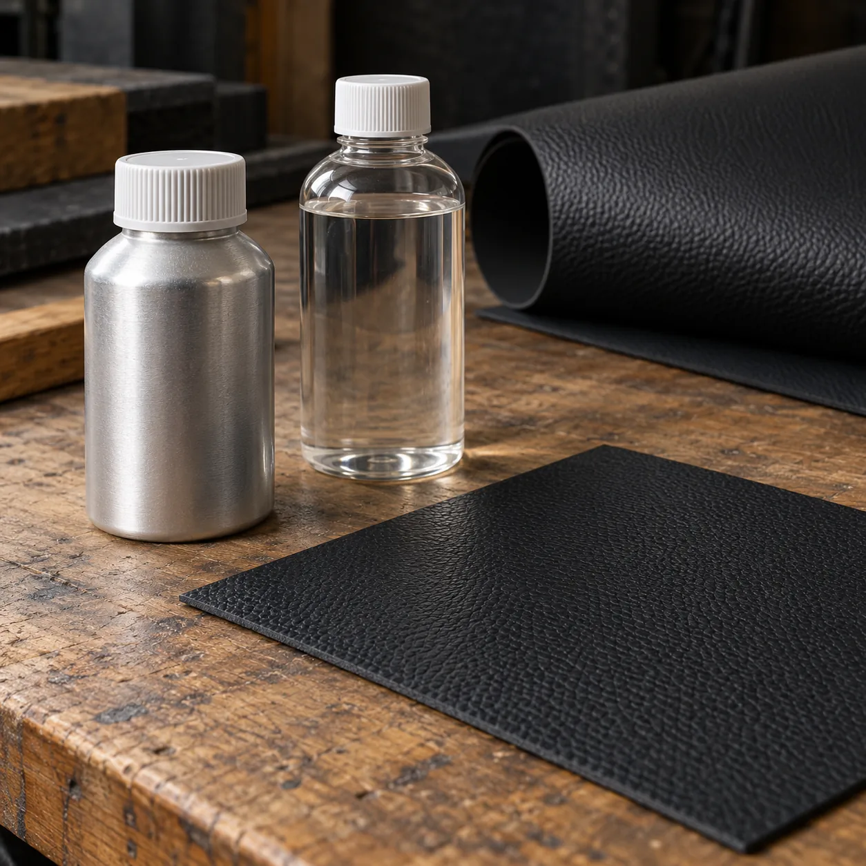 Prep cleaner bottles beside leather samples