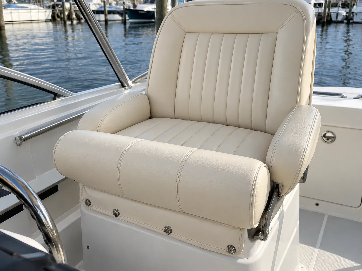 Helm seat after recovering, fitted back on the boat