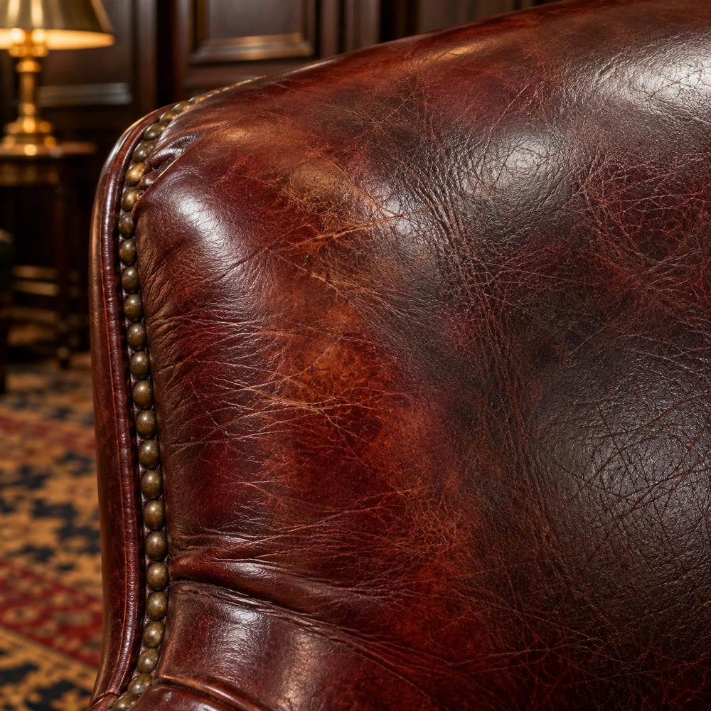 Macro of aged club chair leather showing several tones in one panel