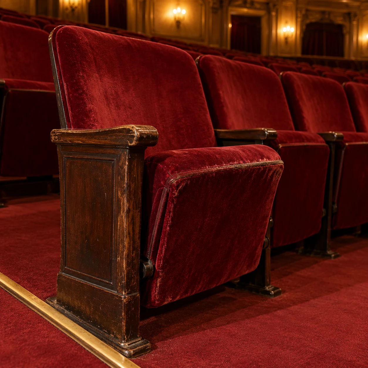 An aisle-end theater seat with a carved cast standard