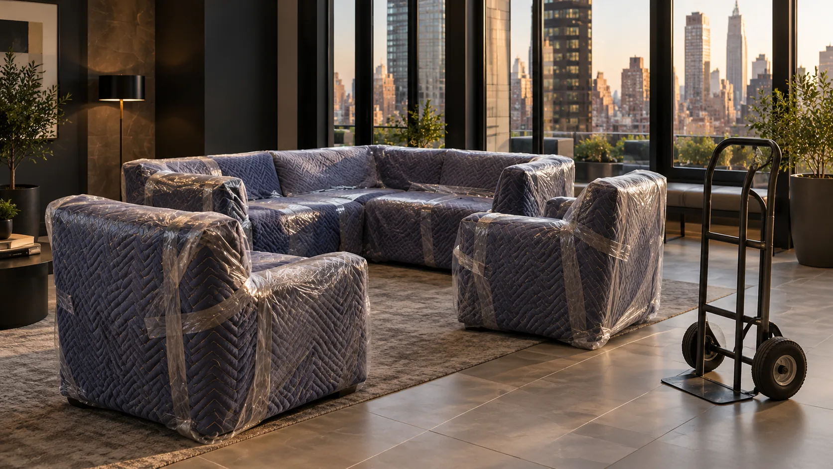 Amenity lounge furniture wrapped in protective covers on dollies for pickup