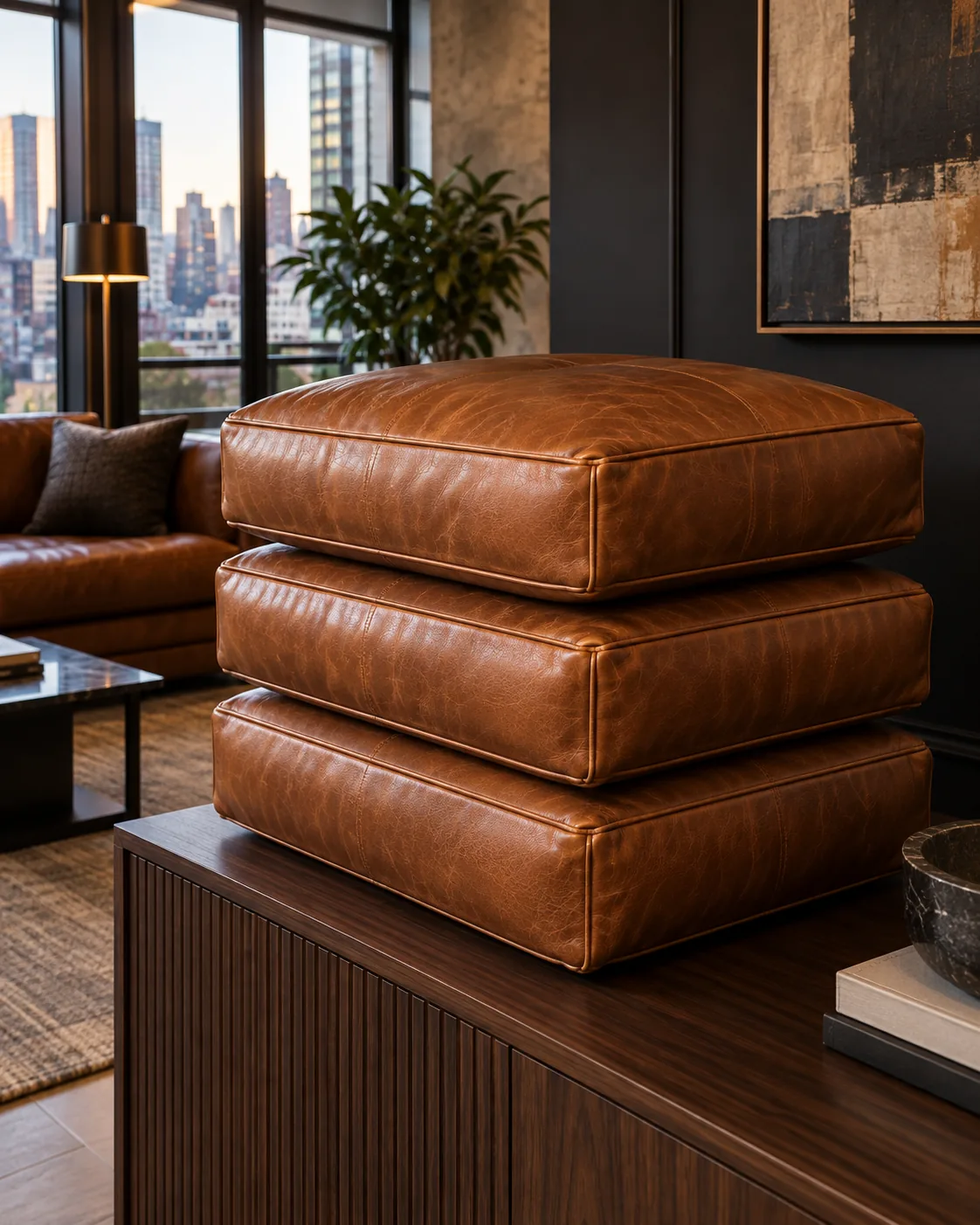 Stacked cognac leather seat cushions ready for recovering