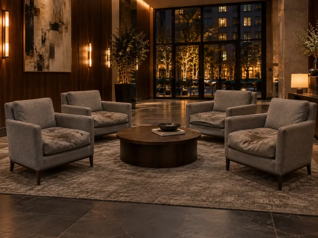 Worn grey lounge chairs in an amenity room