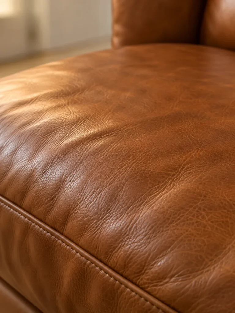 Close-up of uncoated aniline leather on a designer sofa