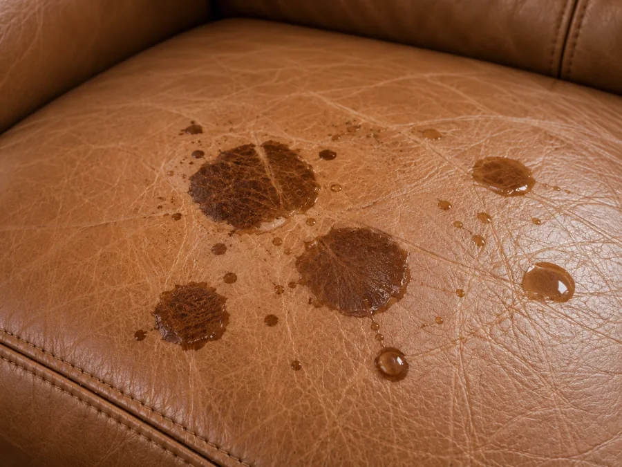 A dark drink stain soaked into pale aniline leather