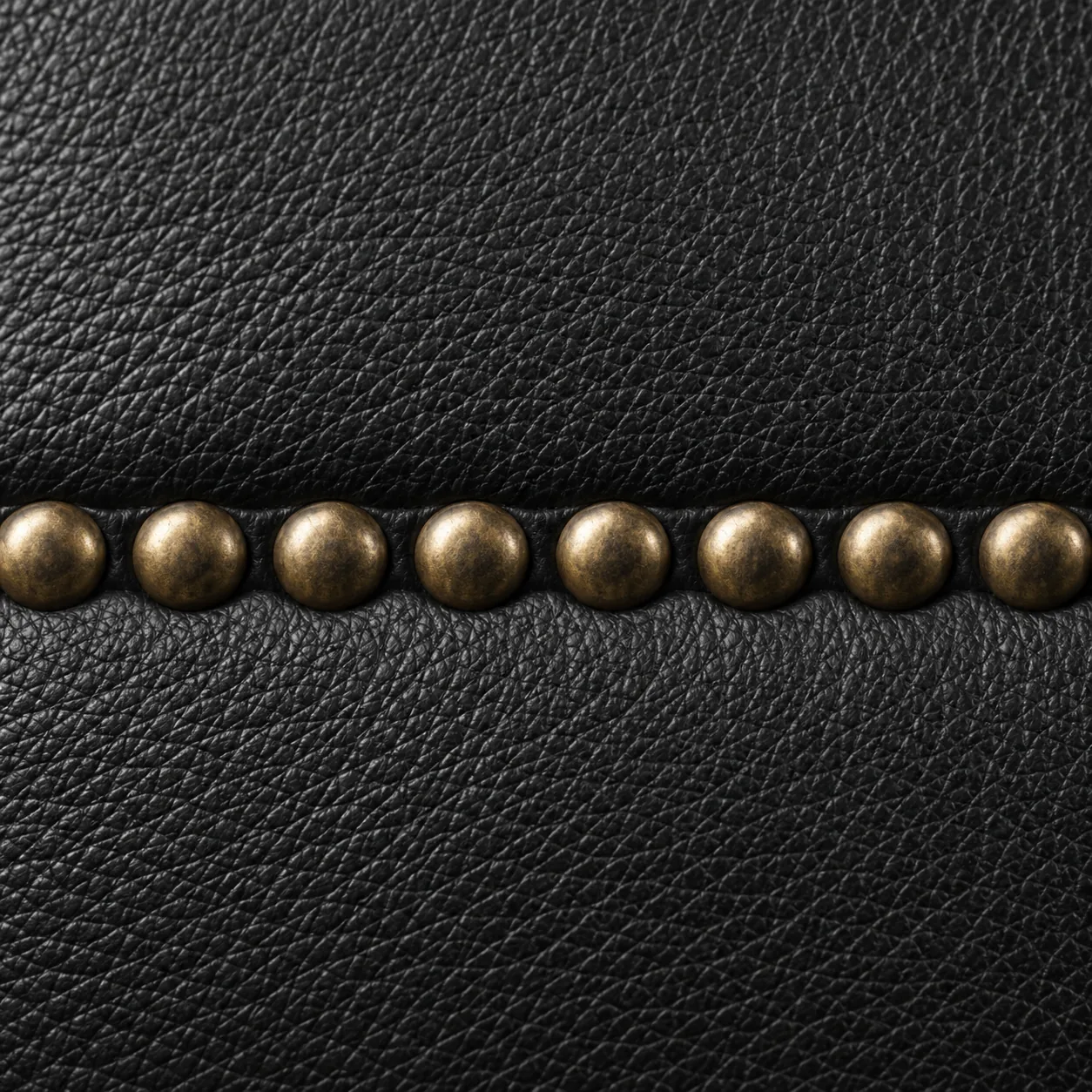 Row of antique brass nailheads set along black leather